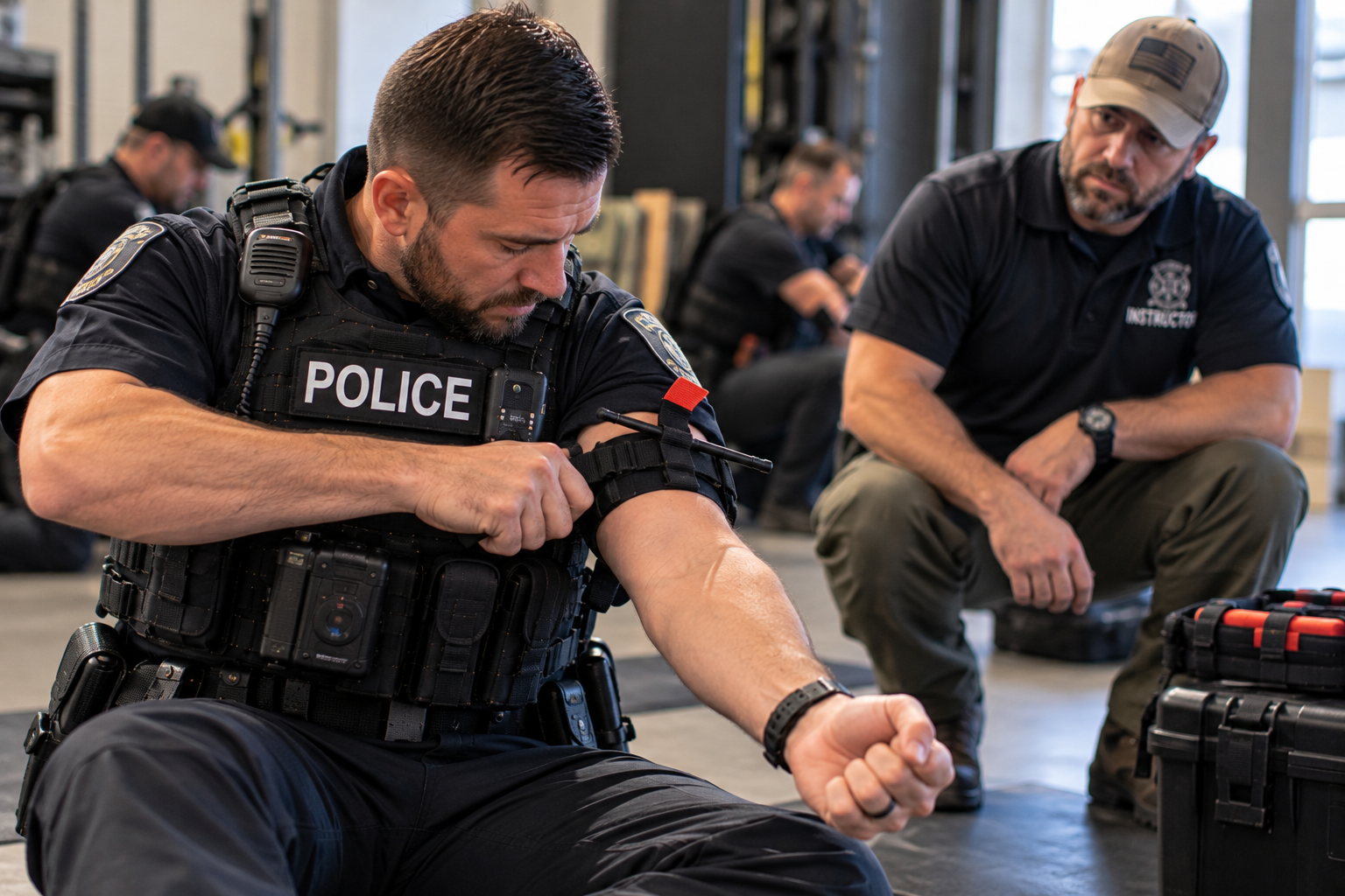 First responder practicing one-handed tourniquet application during a controlled self-aid training exercise First responder practicing one-handed tourniquet application during a controlled self-aid training exercise