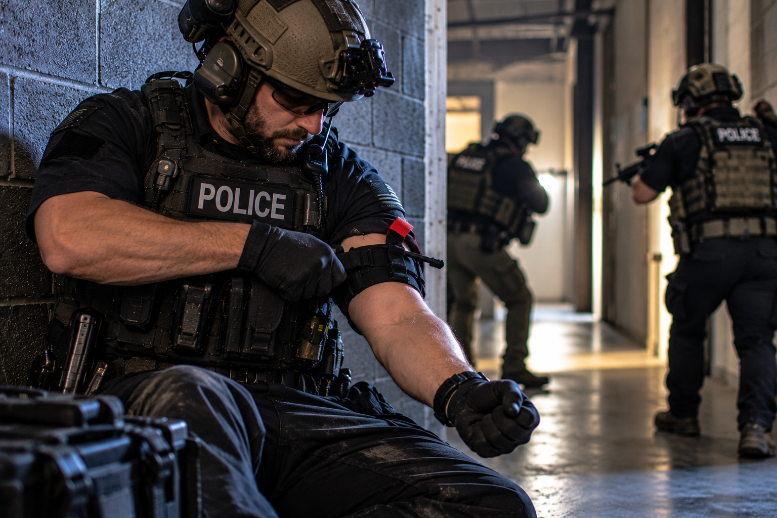 Responder performing self-aid behind protective cover during a realistic high-stress training scenario Responder performing self-aid behind protective cover during a realistic high-stress training scenario