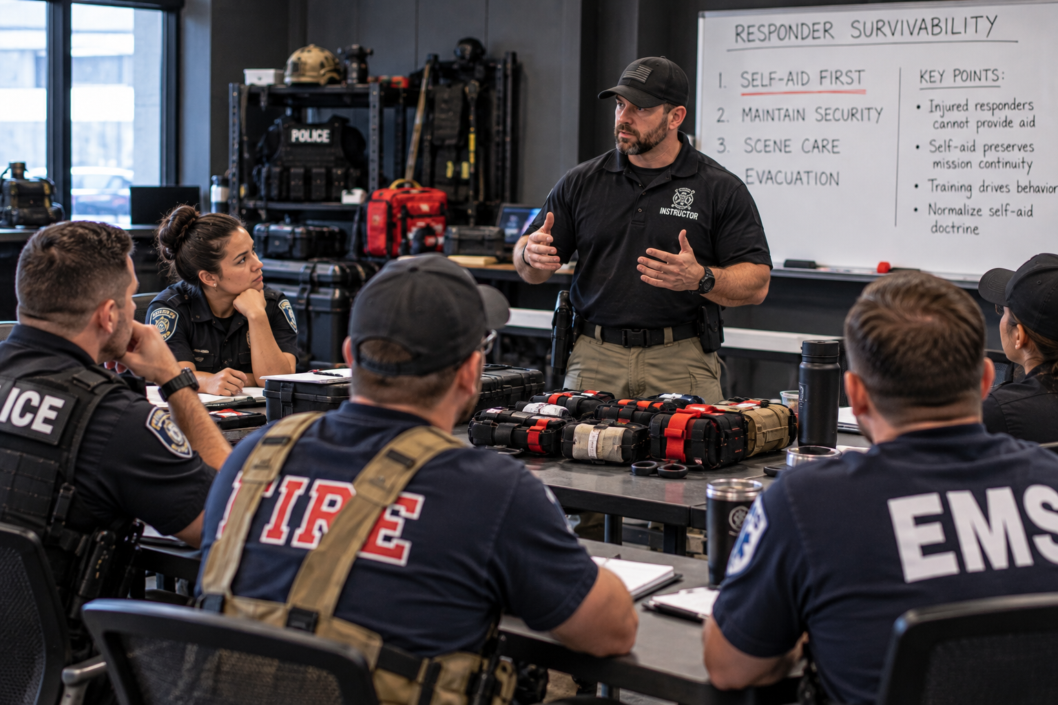 Police, fire, and EMS responders receiving joint training on self-aid and responder survivability doctrine Police, fire, and EMS responders receiving joint training on self-aid and responder survivability doctrine