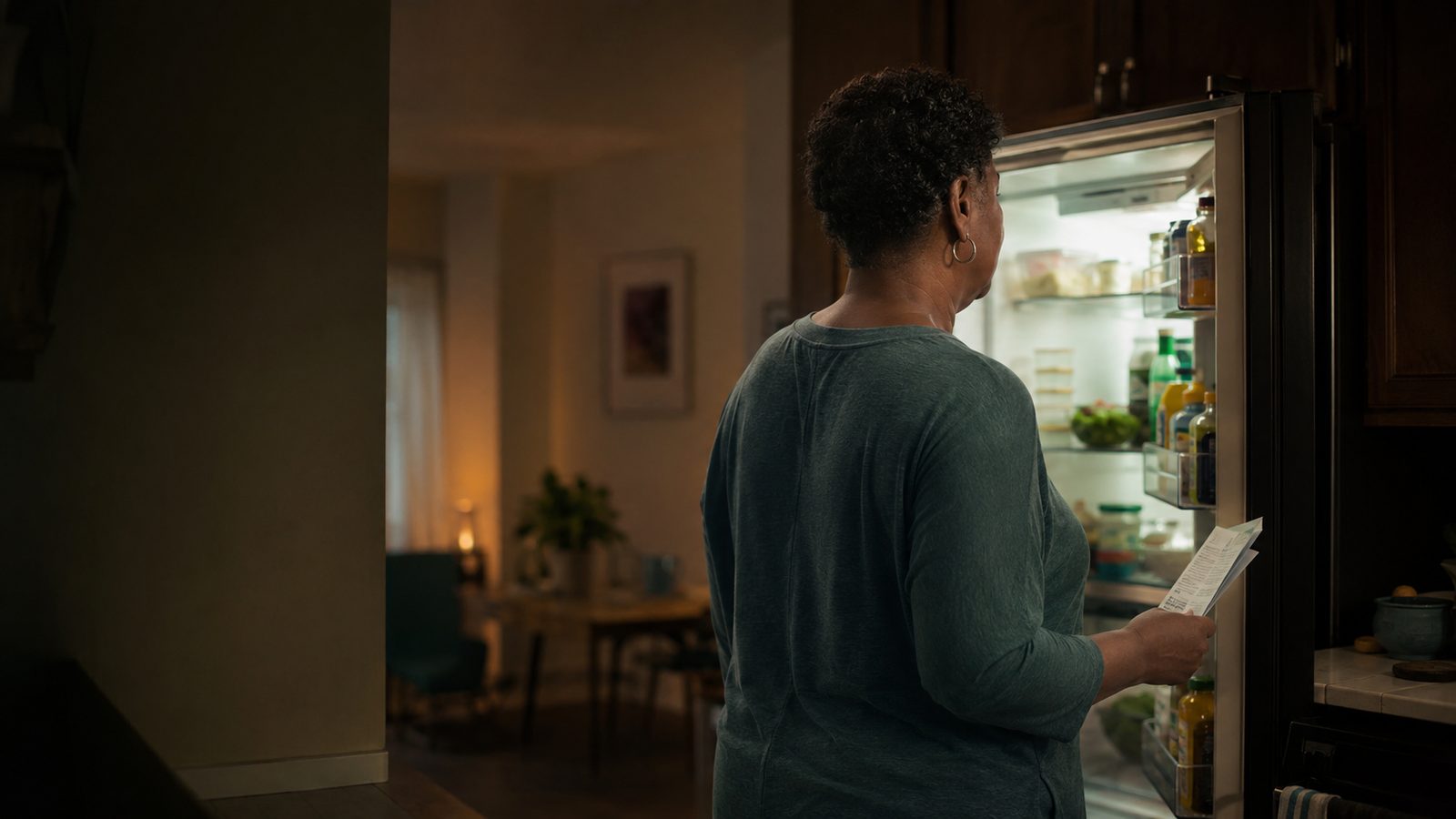A person considers what to make while looking into an open refrigerator