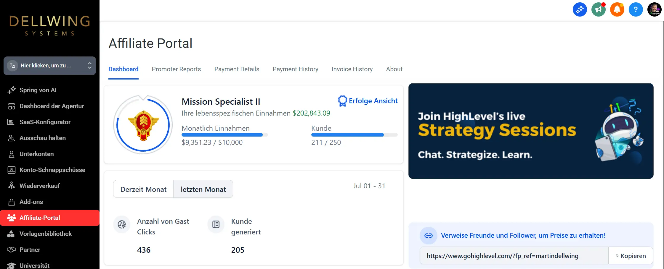 GoHighLevel Affiliate Portal - Übersicht Dashboard