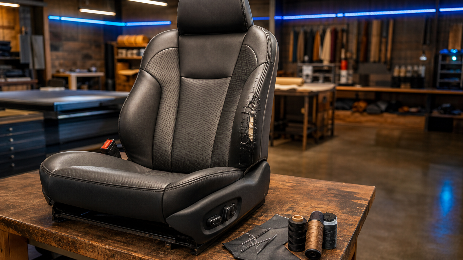Car seat repair shop Fort Worth — craftsman working on seat panel