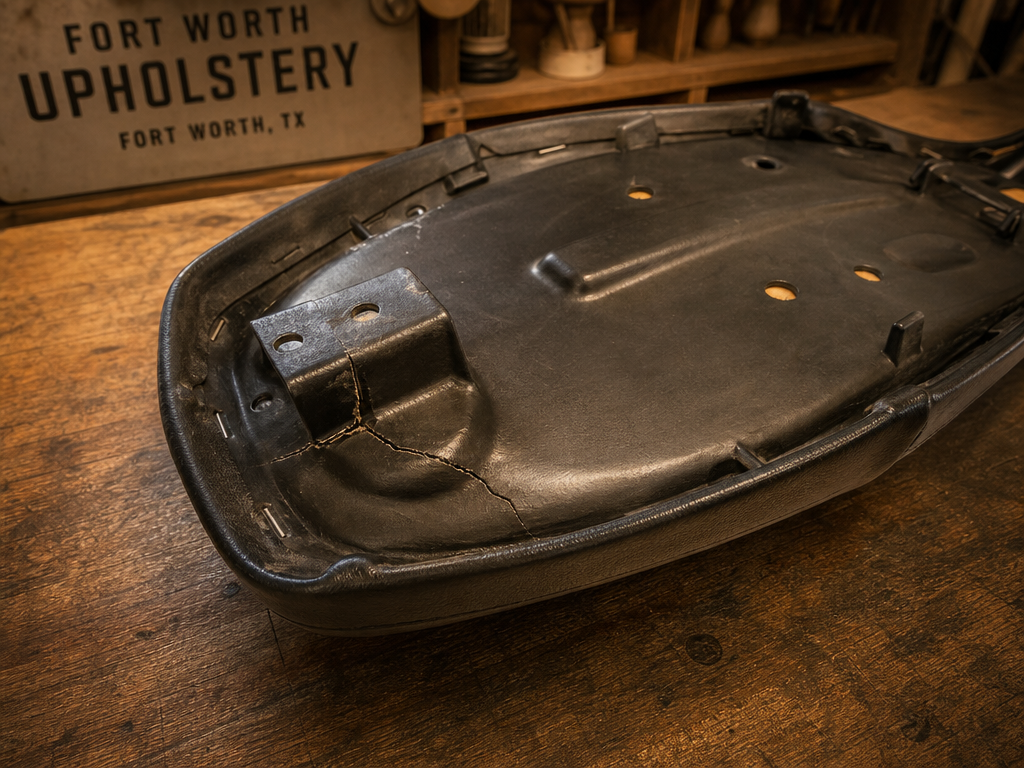 Motorcycle seat pan stress crack repair — My Upholstery Guys Fort Worth
