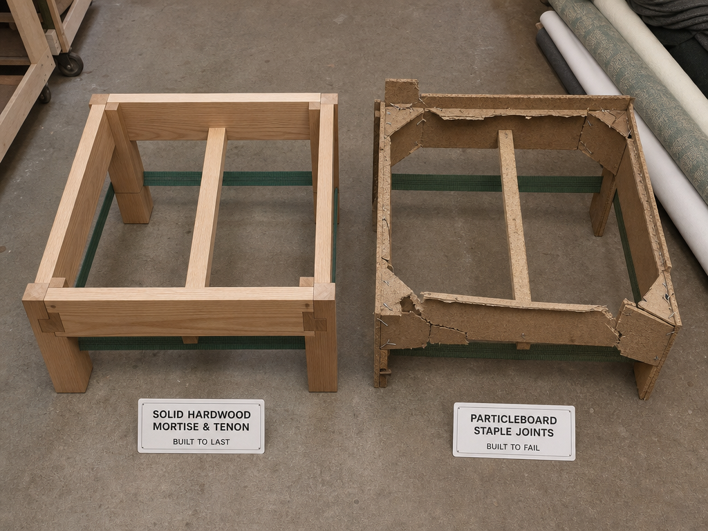 Hardwood furniture frame worth saving vs. particleboard frame needing replacement — My Upholstery Guys Fort Worth