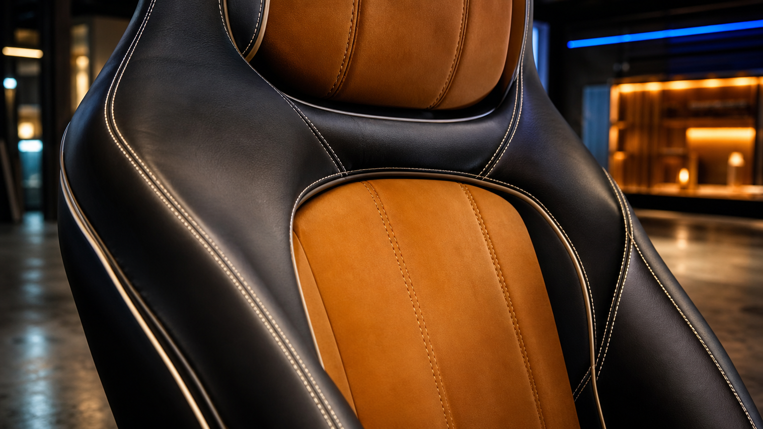 Custom auto upholstery Fort Worth — two-tone leather seats with contrast stitching