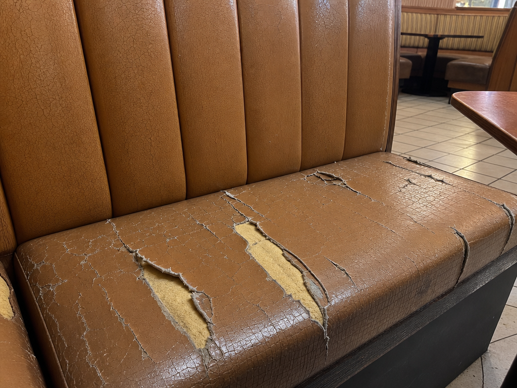 Worn restaurant booth seating with exposed foam — My Upholstery Guys Fort Worth
