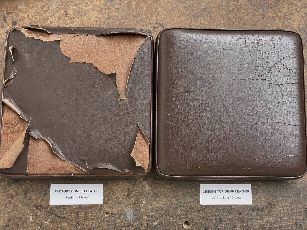 Bonded leather peeling vs. genuine top-grain cracking — leather failure types | My Upholstery Guys Fort Worth
