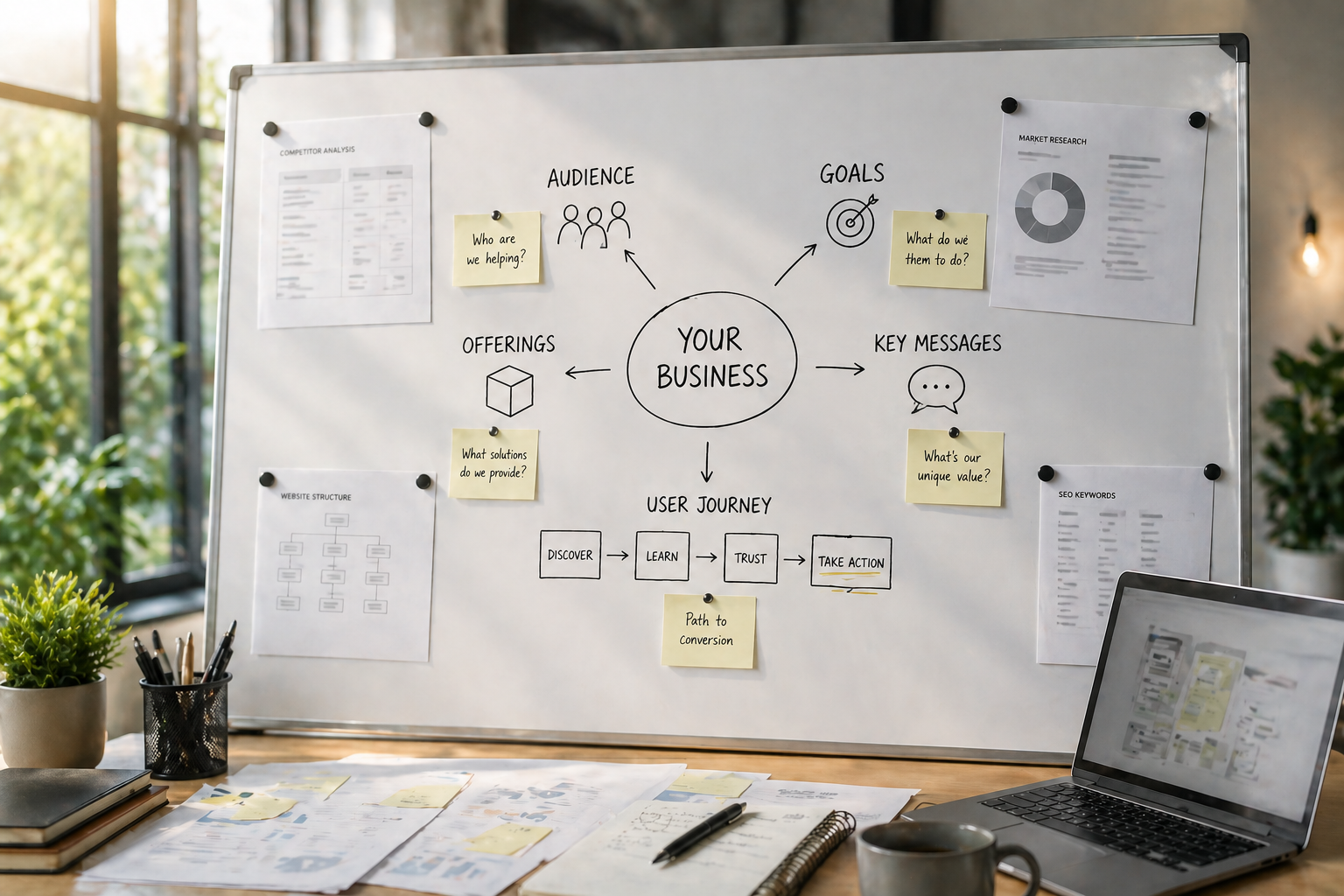 Website strategy session for a small business client showing planning documents and design direction for a custom website build