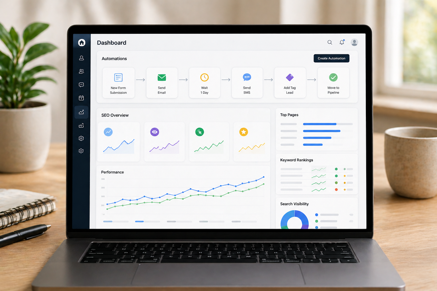 CRM and automation dashboard connected to a website showing lead capture pipelines follow-up workflows and contact management built into the site