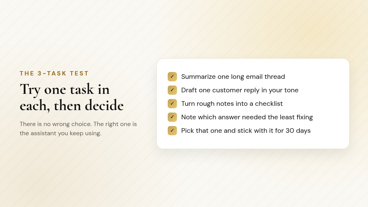 Checklist for the 3-task test to compare AI assistants
