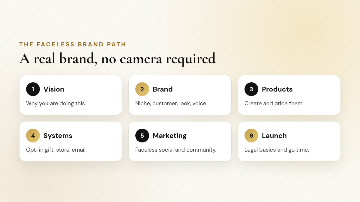 Six-step path from the Faceless Brand Playbook: vision, brand, products, systems, marketing and launch Six-step path from the Faceless Brand Playbook: vision, brand, products, systems, marketing and launch