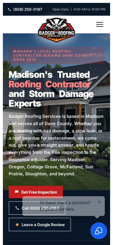 Badger Roofing Services website on mobile
