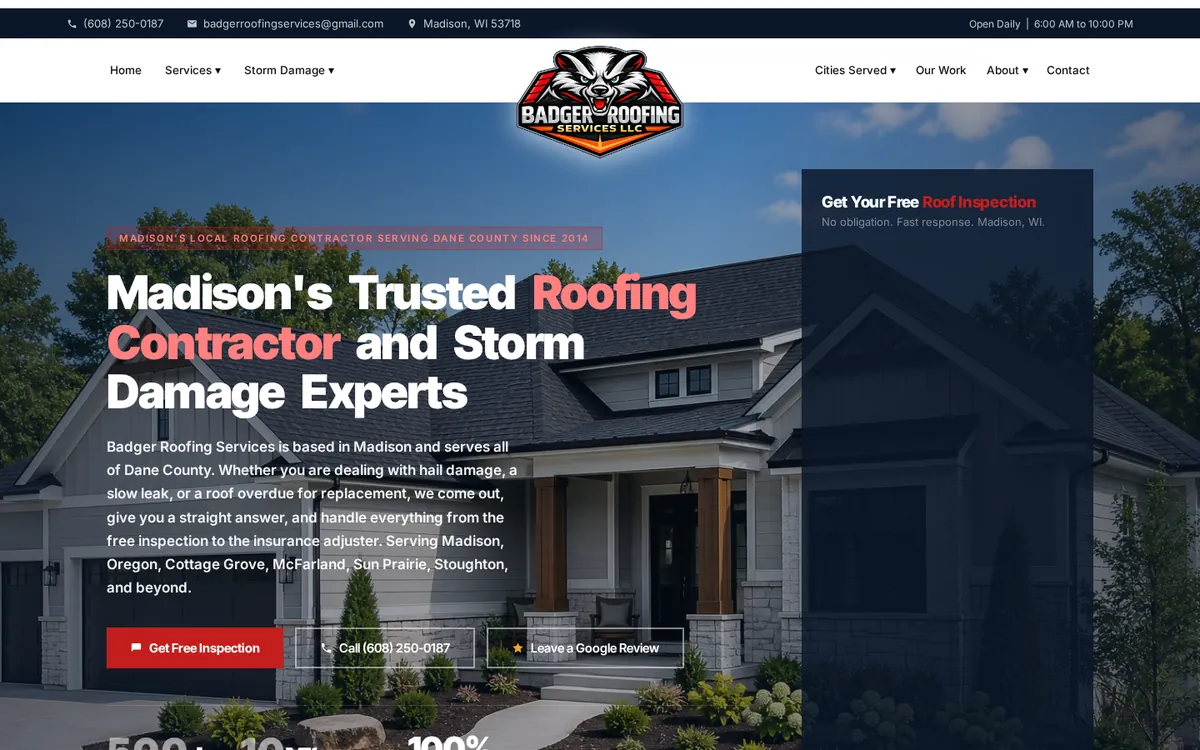 Badger Roofing Services website homepage on desktop, built by American Dreams Marketing