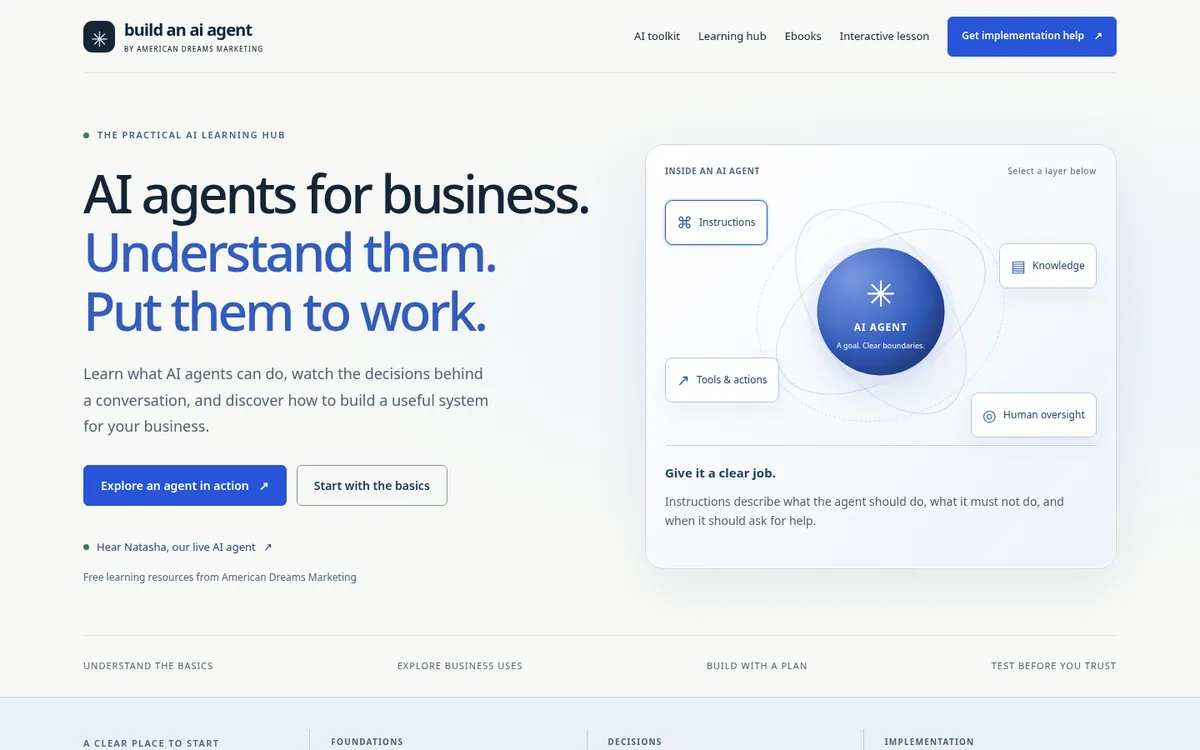 Build an AI Agent website homepage on desktop, built by American Dreams Marketing