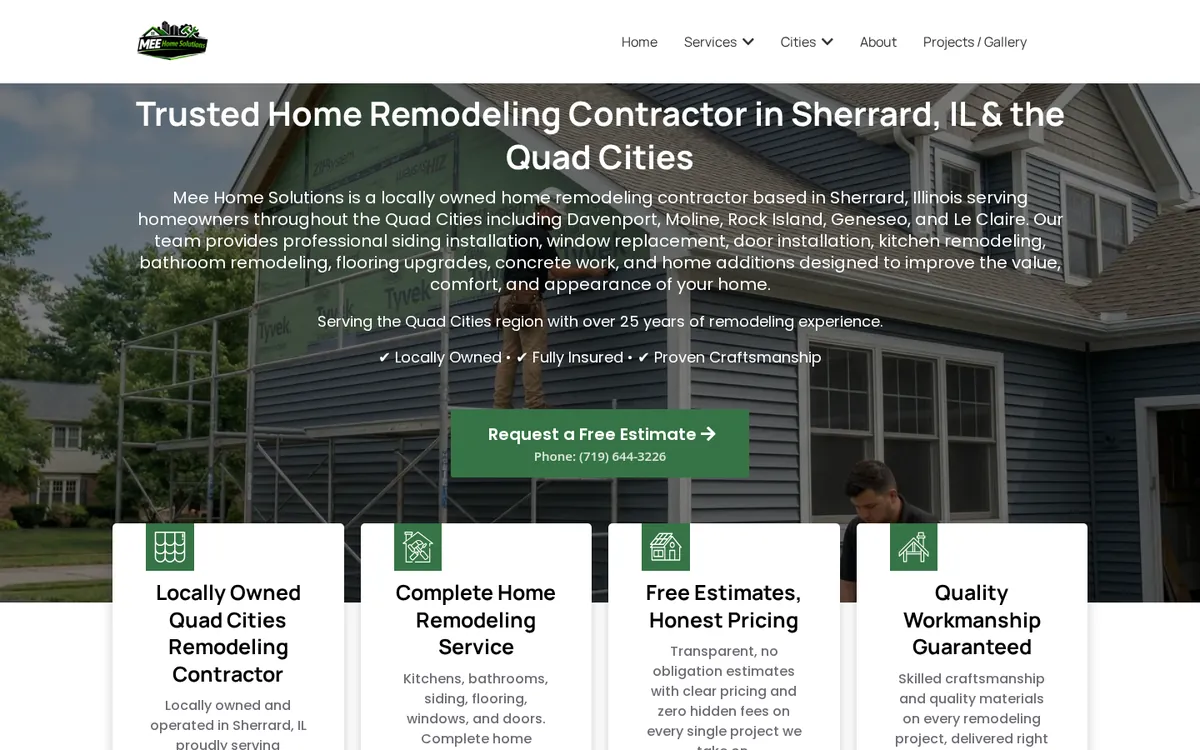 Mee Home Solutions website homepage on desktop, built by American Dreams Marketing