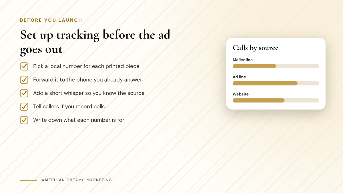 Checklist for setting up a tracking number before printing or launching an ad, next to a calls by source report Checklist for setting up a tracking number before printing or launching an ad, next to a calls by source report
