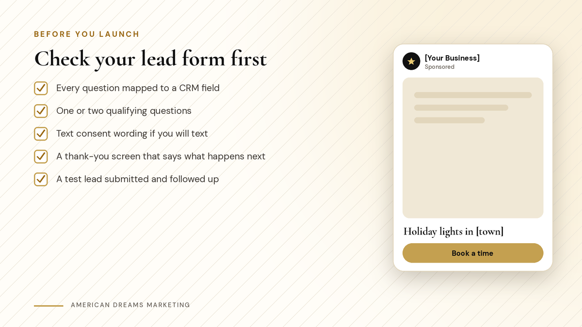 Checklist for a lead ad form before launch, next to a sample social ad with a Get a quote button Checklist for a lead ad form before launch, next to a sample social ad with a Get a quote button