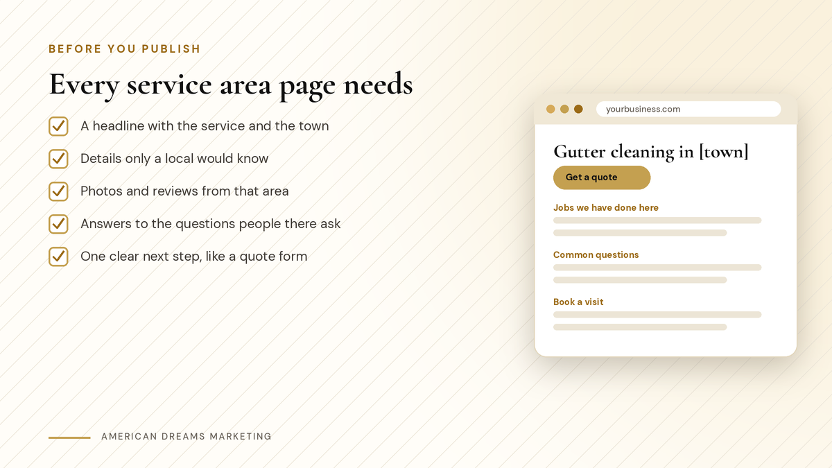 Checklist for a good service area page next to a sample page headline naming a service and a town