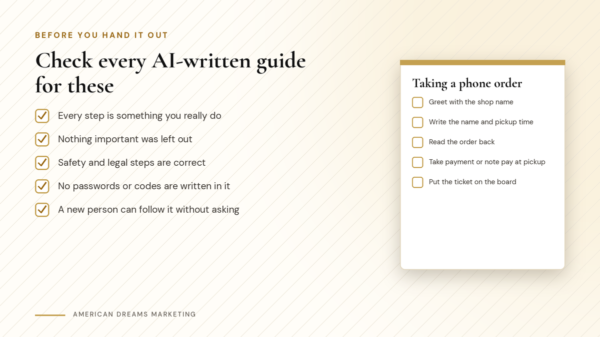 Checklist for reviewing an AI-written how-to guide, next to a sample closing checklist