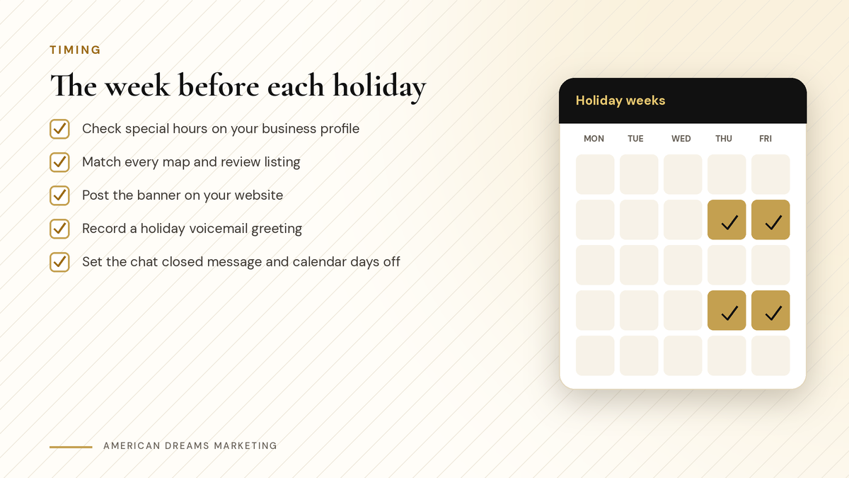 Checklist for the week before each holiday, next to a calendar with the holiday days marked