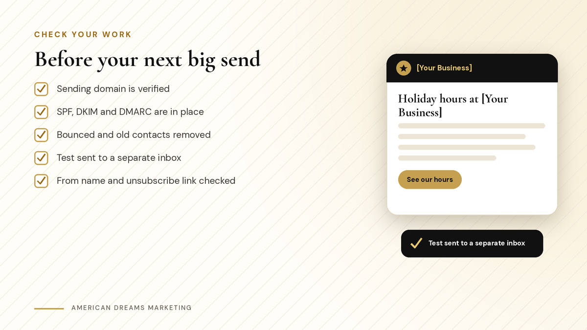 Checklist to review before your next big email send, next to a sample email preview