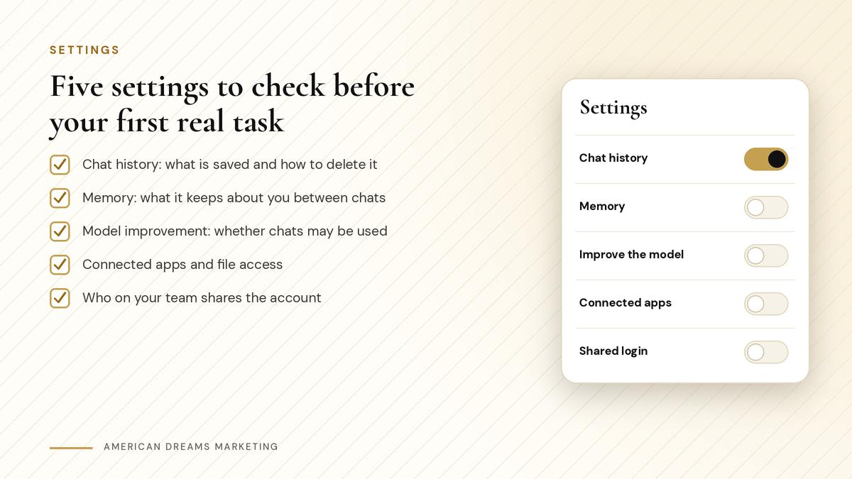 Checklist of five AI assistant settings to check before your first real task, next to a sample settings screen with on and off switches