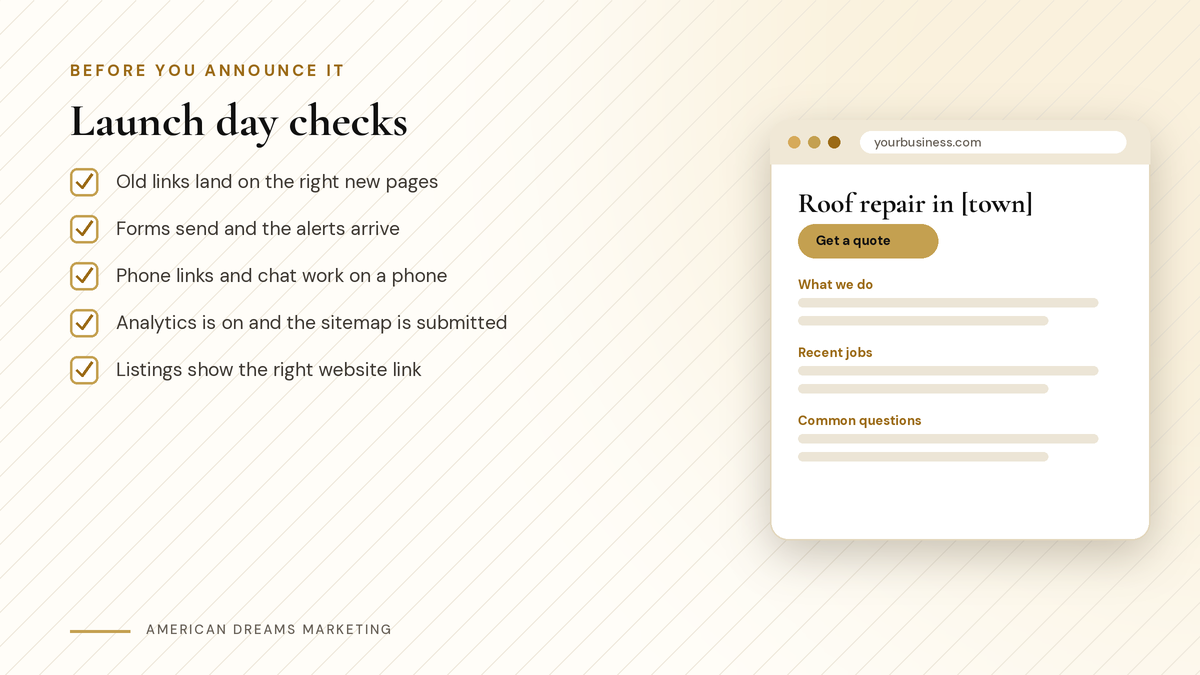 Launch day checklist for a new website next to a sample service page with a gold quote button