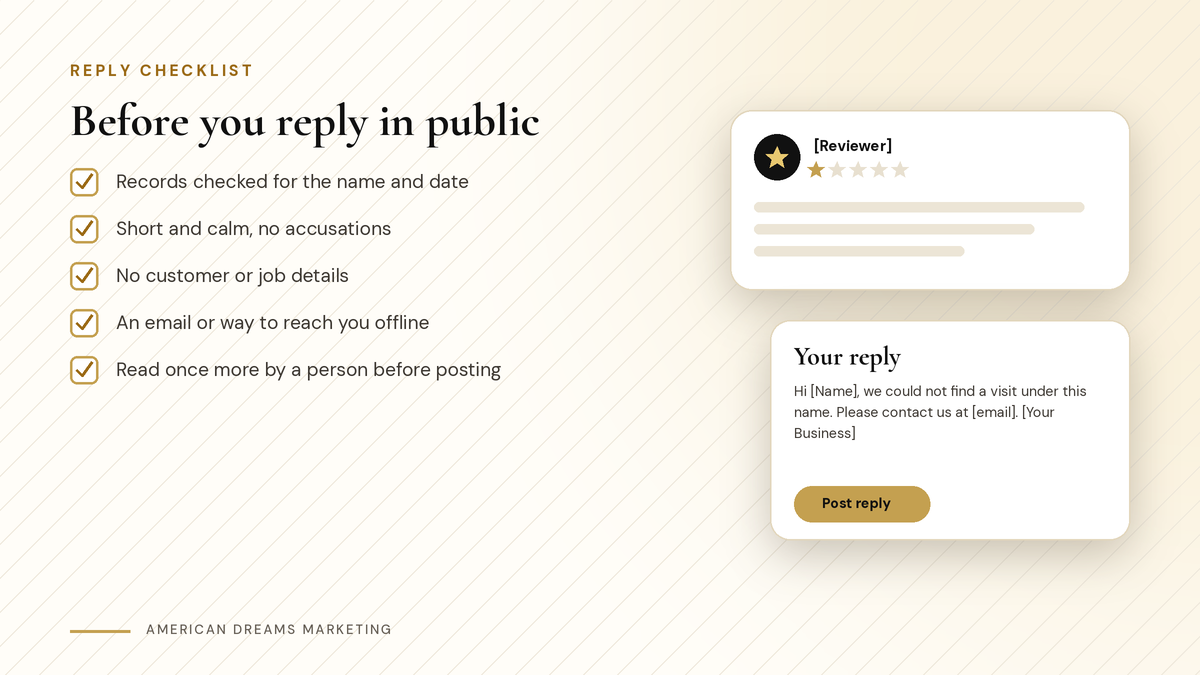 Checklist titled Before you reply in public next to a review card and a short draft reply Checklist titled Before you reply in public next to a review card and a short draft reply
