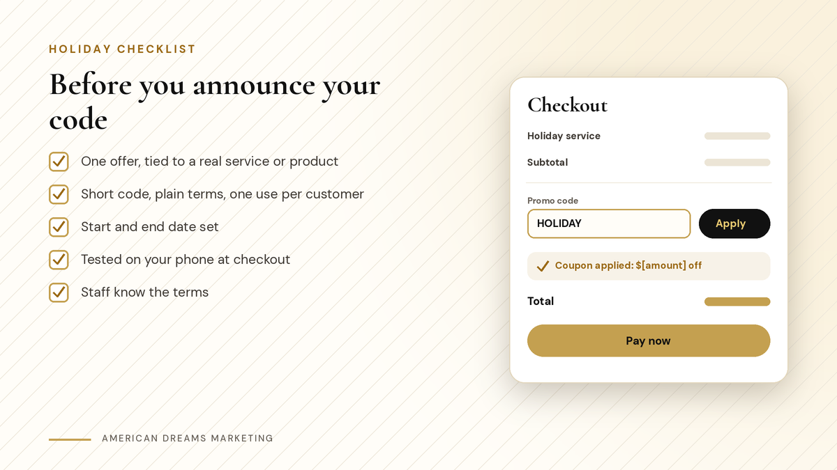 Checklist titled Before you announce your code next to a checkout screen with a promo code field and an Apply button Checklist titled Before you announce your code next to a checkout screen with a promo code field and an Apply button