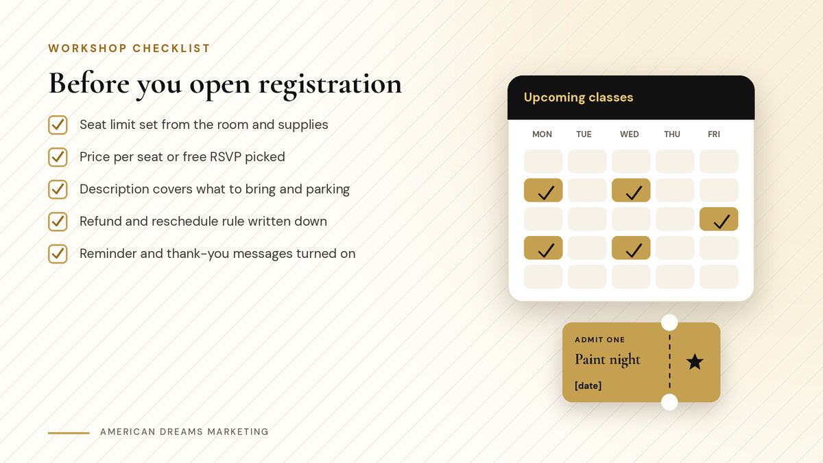 Checklist titled Before you open registration next to a small calendar card and a ticket stub