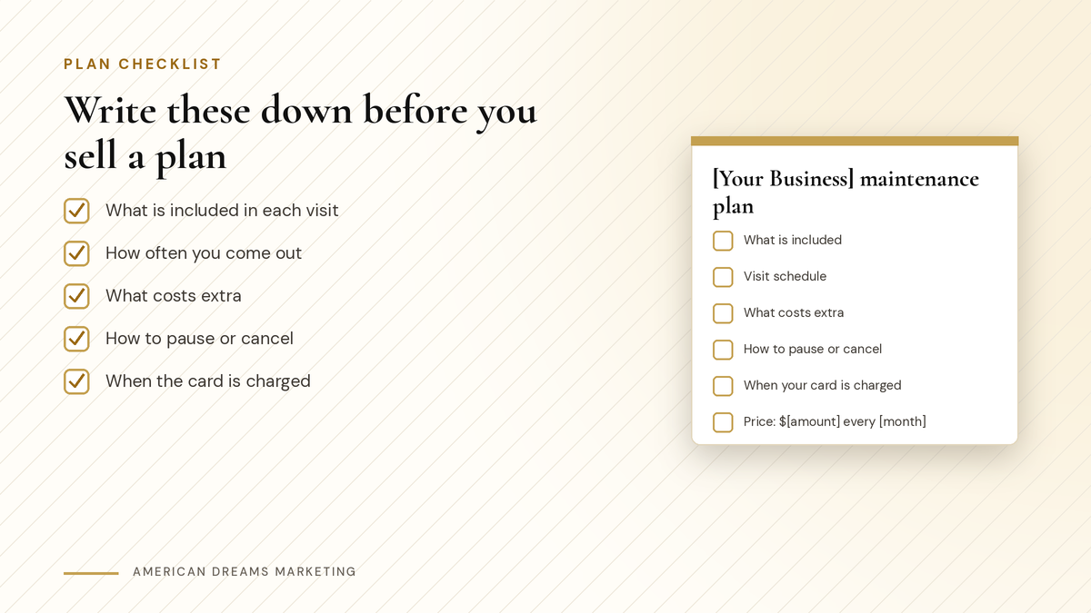 Checklist titled Write these down before you sell a plan next to a printed plan sheet with gold check boxes Checklist titled Write these down before you sell a plan next to a printed plan sheet with gold check boxes