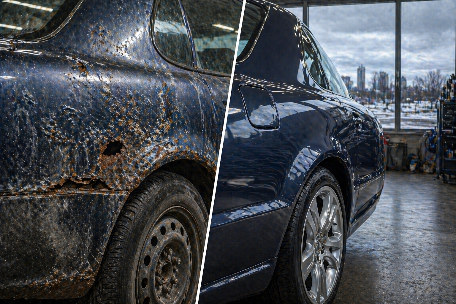 before and after rust repair on car panel Edmonton