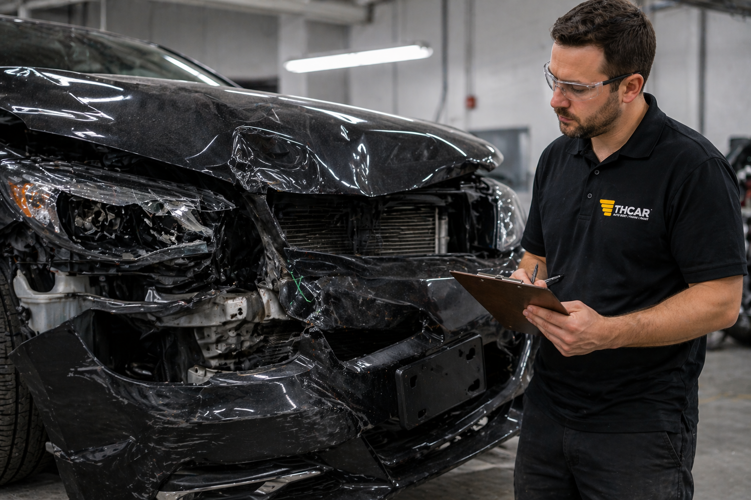collision damaged car inspection at THCAR Edmonton