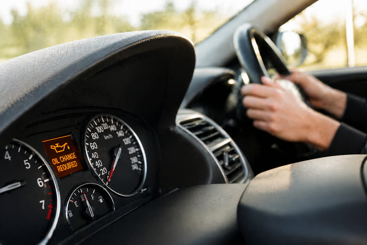 Oil change warning light on car dashboard indicating service needed in Edmonton
