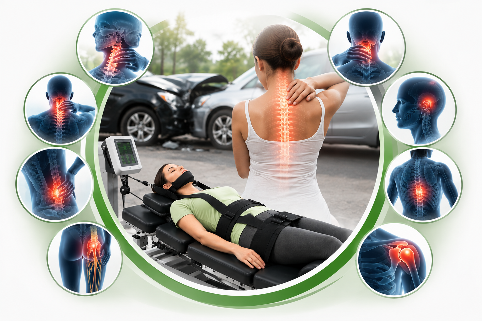 Illustration of common auto accident injuries, including whiplash, neck pain, back pain, herniated discs, sciatica, headaches, and shoulder pain, alongside non-surgical spinal decompression therapy treatment.