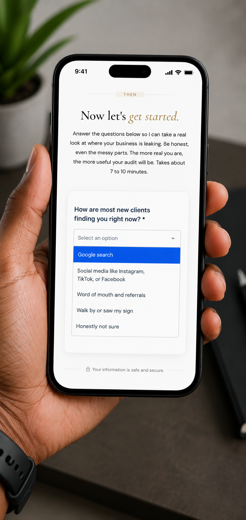 Filling out the quick plan form on a phone