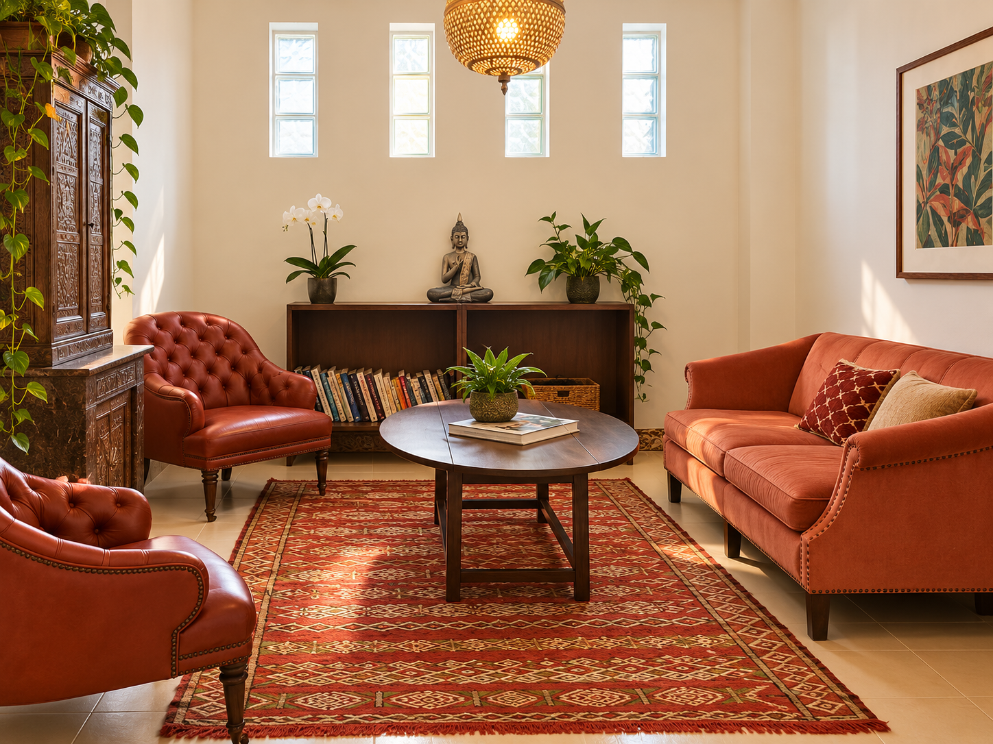 The studio space with yoga mats and exercise balls laid out on the wooden floor, with plants in the foreground