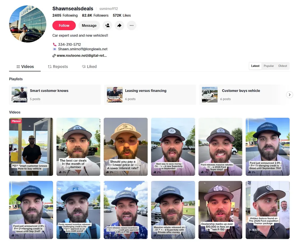 Shawn's TikTok profile: 82.8K followers, 572K likes, and a grid of Ford deal videos