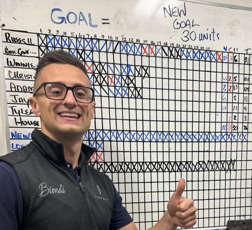 Russell Richardson on a dealership sales floor in front of a board tracking a 30-unit month