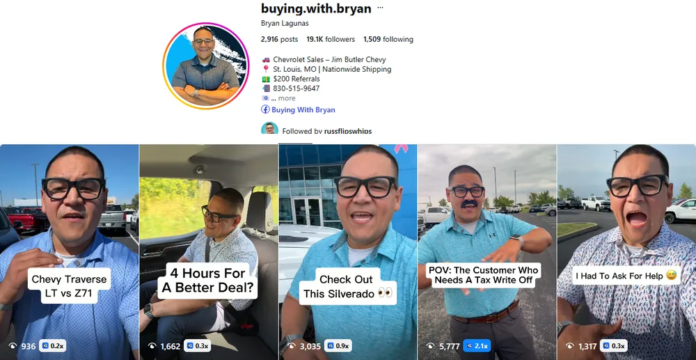 Bryan's Instagram profile: buying.with.bryan, 19.1K followers, Chevrolet sales at Jim Butler Chevy, and a row of his car videos