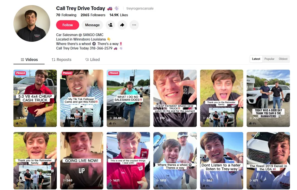 Trey's TikTok profile: Call Trey Drive Today, SANGO GMC bio, and his video grid
