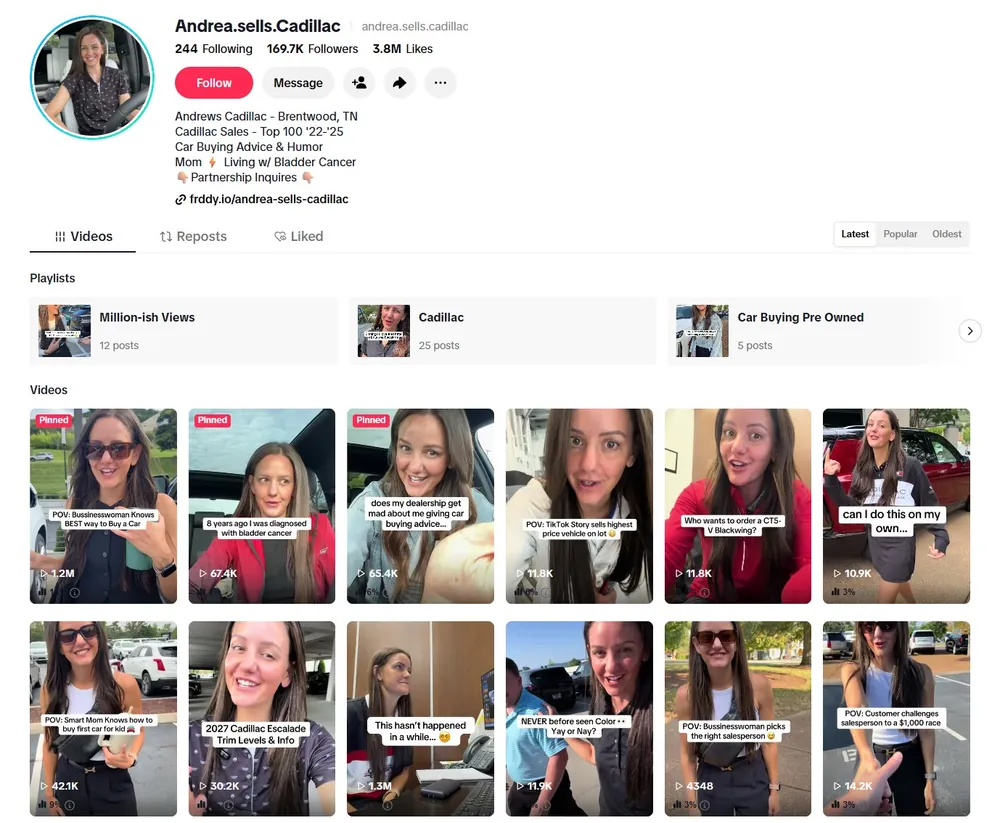 Andrea's TikTok profile: 169.7K followers, 3.8M likes, Andrews Cadillac Brentwood TN, and her video grid