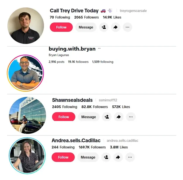 Profiles of four car sales reps, from 2K to 170K followers