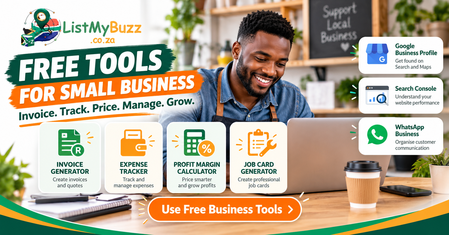 South African small-business owner using free online tools for invoicing, expenses, pricing, job management and customer communication