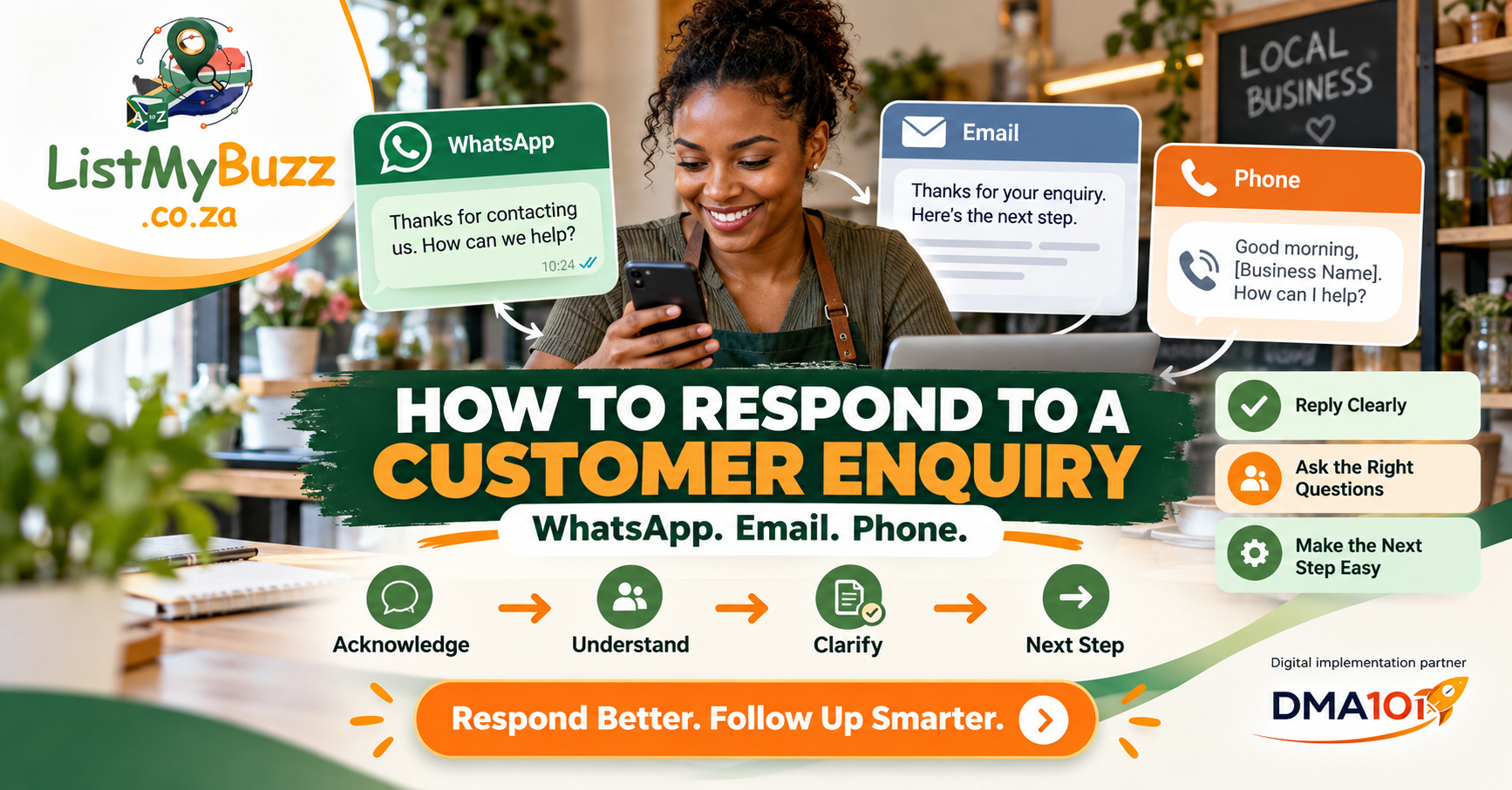 South African small-business owner responding professionally to customer enquiries through WhatsApp, email and phone
