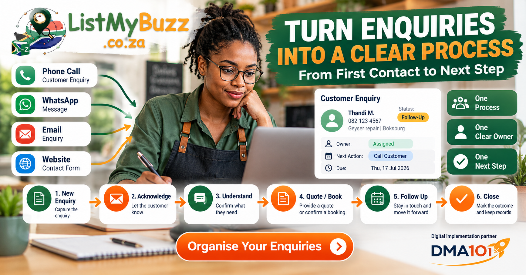 South African small-business owner managing a customer enquiry from first contact through quotation, follow-up and booking