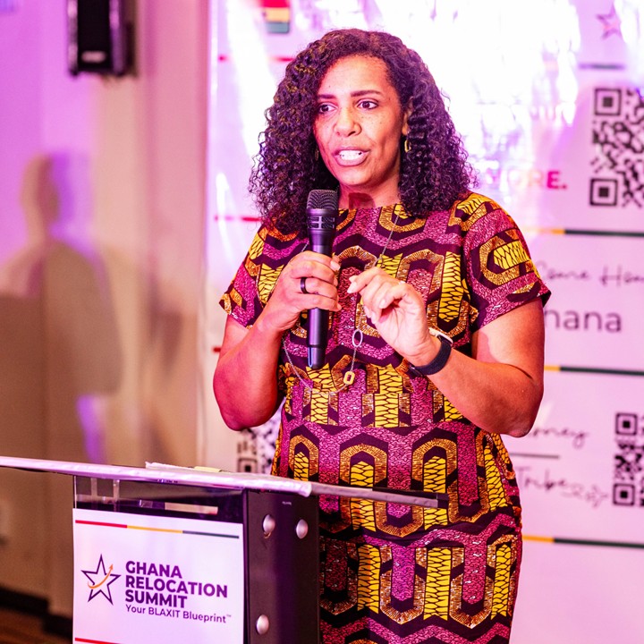 Ayo Jones delivering the opening keynote at the 2026 Ghana Relocation Summit