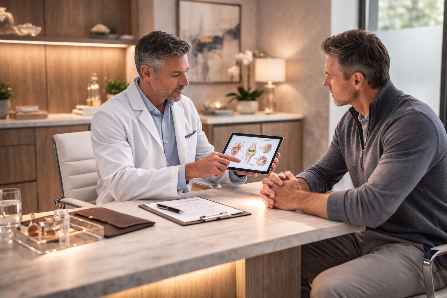 Valere Regenerative physician in direct consultation with patient, reviewing diagnostic imaging for joint assessment Valere Regenerative physician in direct consultation with patient, reviewing diagnostic imaging for joint assessment