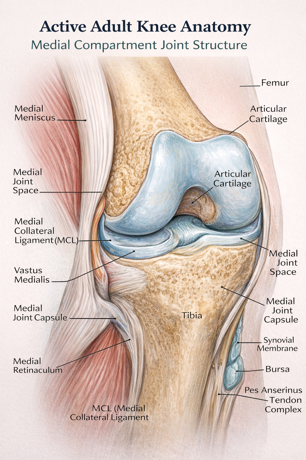 Active adult knee anatomy diagram — medial compartment joint structure Active adult knee anatomy diagram — medial compartment joint structure