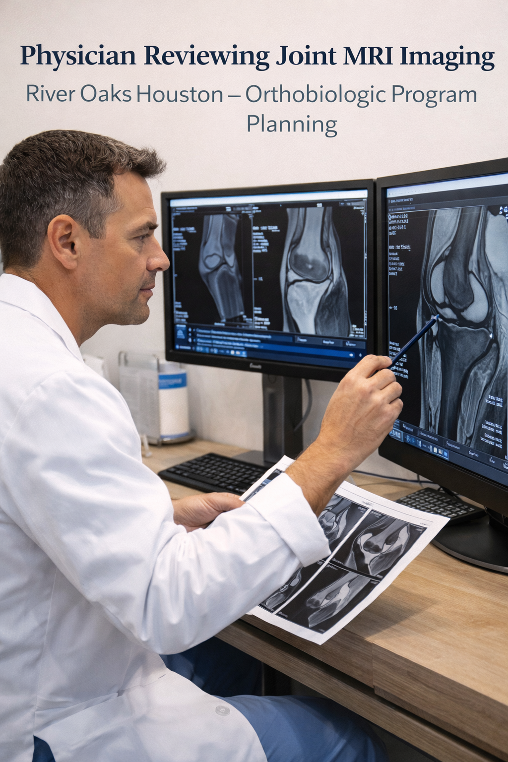 Physician reviewing joint MRI imaging River Oaks Houston — orthobiologic program planning Physician reviewing joint MRI imaging River Oaks Houston — orthobiologic program planning